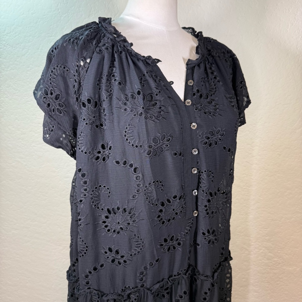 Chico’s Embroidered Eyelet Tiered Floral Black Maxi Dress EUC Size 4 (20)